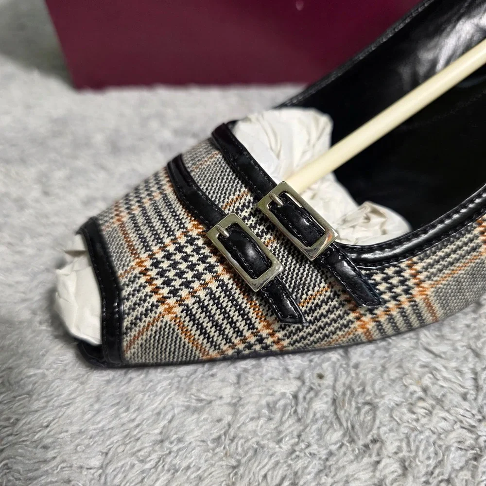 VTG Amalfi Rangoni Women's Plaid‎ Peep Toe Heels Italian Leather Lined 7.5 NIB